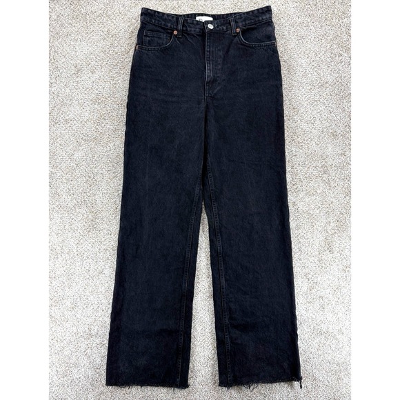 Zara Denim - Zara Straight Fit High Waist Wide Leg Jeans Women's 10 Long Black Cotton Raw Hem